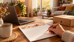 Un calendrier de novembre posé sur une table de salon, près d'un ordinateur portable et d'un carton de livraison