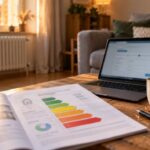Sur une table de salon, un rapport d’audit énergétique ouvert sur son étiquette de classe E, à côté d’un ordinateur portable et d’une tasse de café