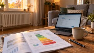 Sur une table de salon, un rapport d’audit énergétique ouvert sur son étiquette de classe E, à côté d’un ordinateur portable et d’une tasse de café