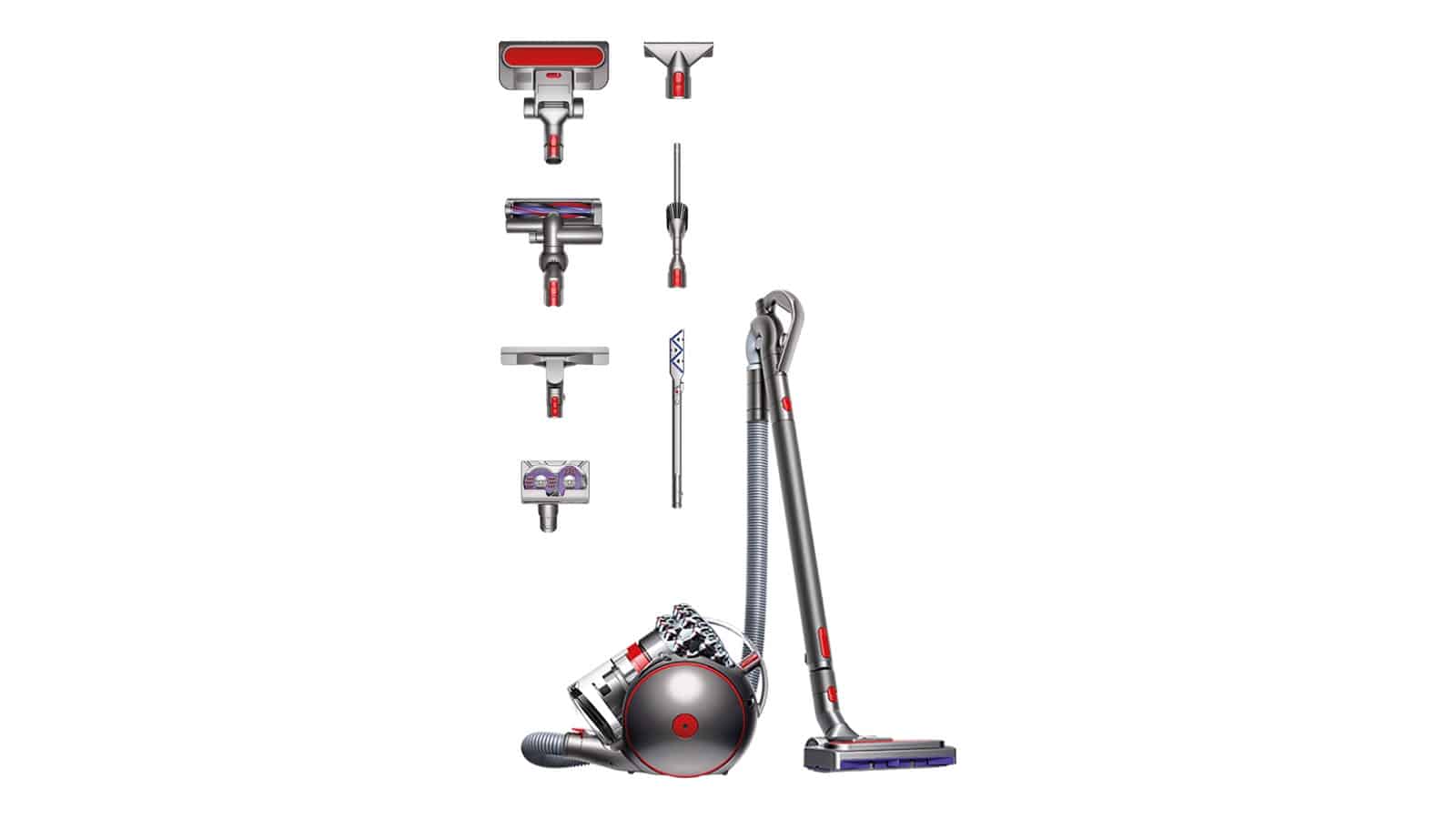 Dyson Cinetic Big Ball Absolute 2 présenté avec ses brosses et ses accessoires