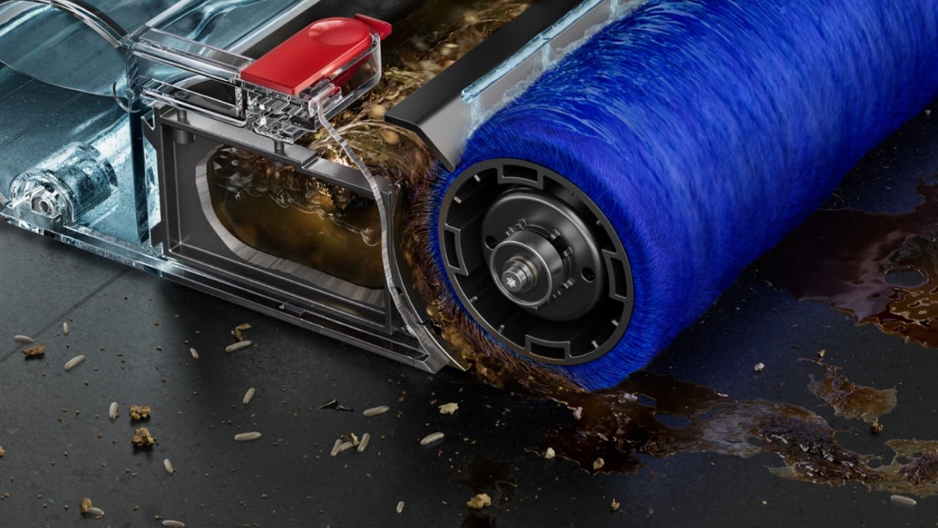 Vue en coupe de la brosse lavante Submarine avec son rouleau bleu en microfibre et son bac d’eau sale