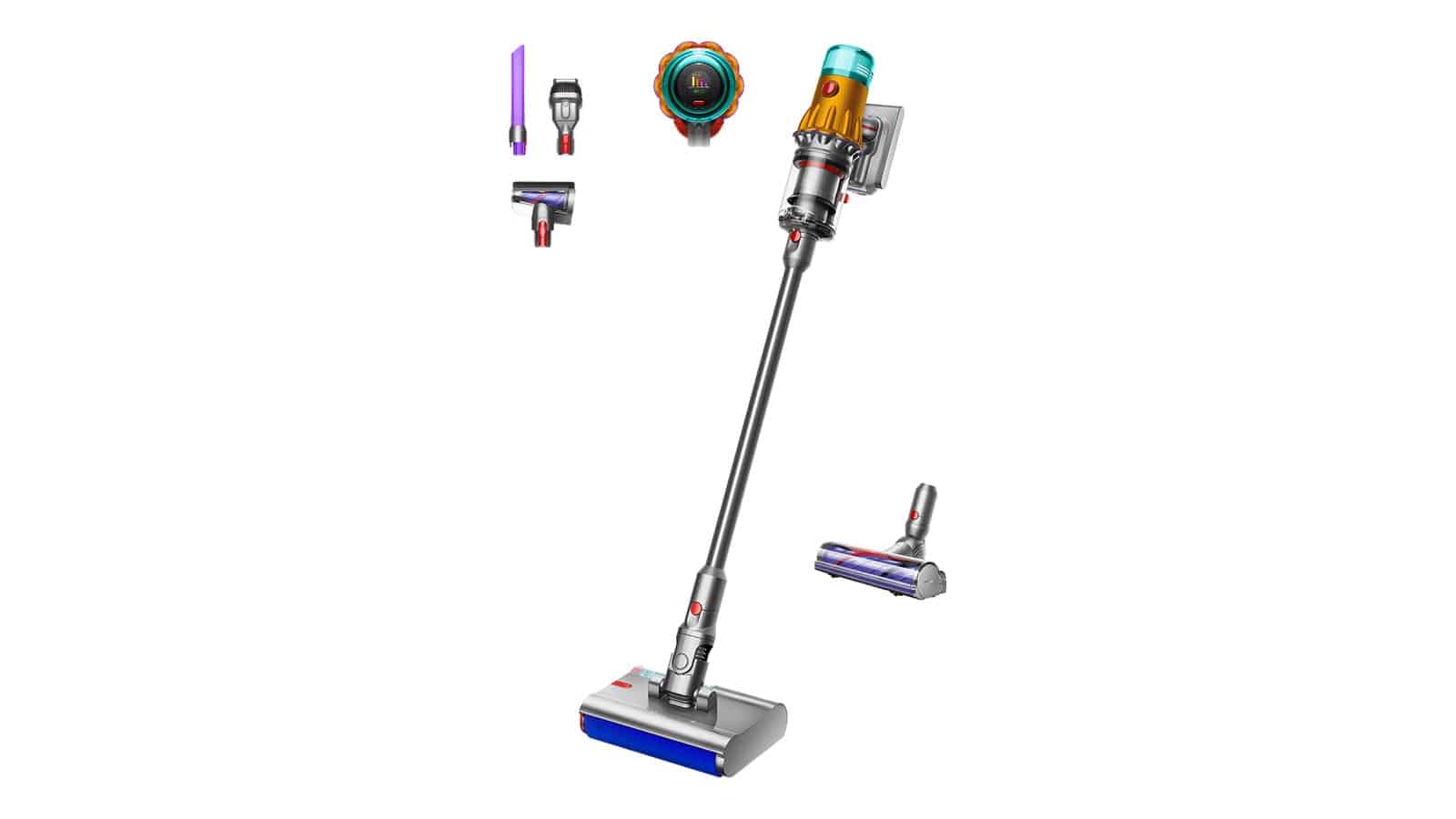 Dyson V12s Detect Slim Submarine jaune et nickel avec sa brosse lavante, sa brosse motorisée et ses accessoires