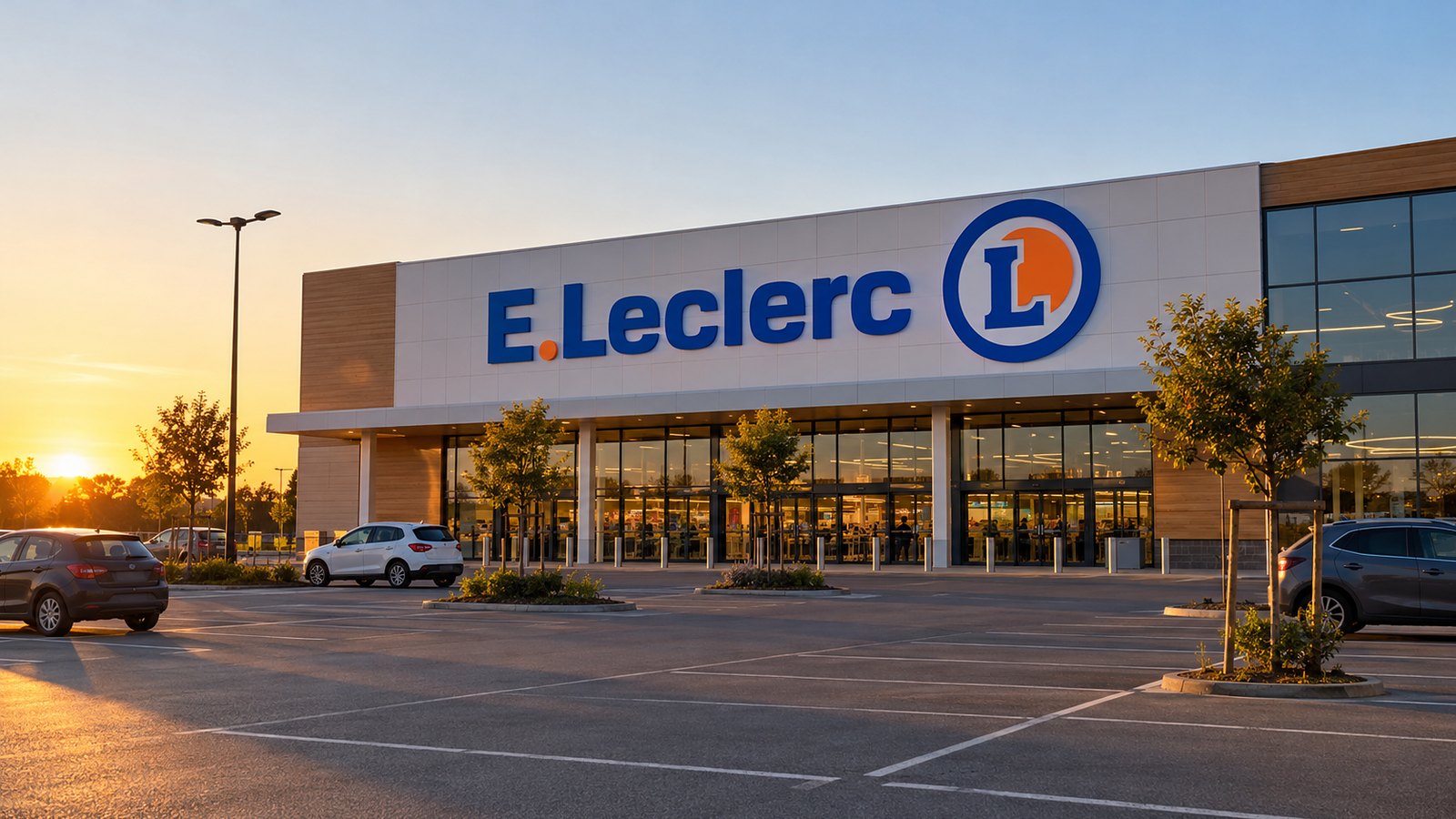 Façade d’un hypermarché E.Leclerc en fin de journée
