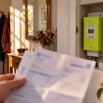 Compteur électrique communicant vert fixé dans la niche technique d'une entrée, à côté du tableau électrique ; au premier plan, une main tient une facture