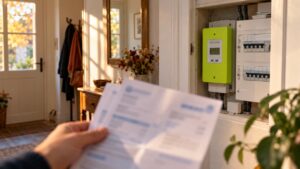 Compteur électrique communicant vert fixé dans la niche technique d'une entrée, à côté du tableau électrique ; au premier plan, une main tient une facture