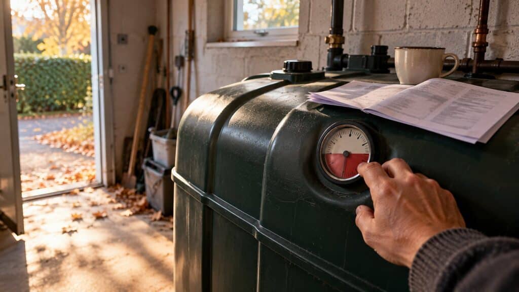 Une main vérifie la jauge d’une cuve à fioul à moitié pleine dans le garage d’une maison, en automne