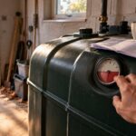 Une main vérifie la jauge d’une cuve à fioul à moitié pleine dans le garage d’une maison, en automne