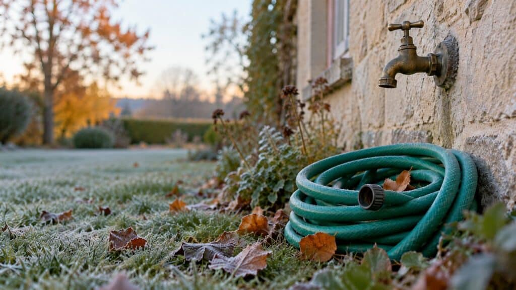 Robinet extérieur en laiton sur un mur de pierre, tuyau d’arrosage enroulé au pied et herbe givrée un matin d’automne