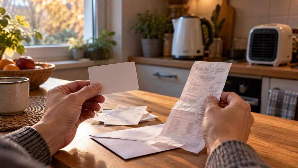 Des mains tiennent une carte cadeau et un ticket de caisse au-dessus d’une table de cuisine, près d’une bouilloire et d’un petit radiateur d’appoint