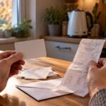 Des mains tiennent une carte cadeau et un ticket de caisse au-dessus d’une table de cuisine, près d’une bouilloire et d’un petit radiateur d’appoint