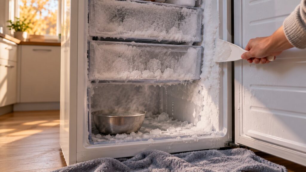 Congélateur armoire ouvert dans une cuisine, parois et bord des tiroirs couverts d’une épaisse couche de givre blanc
