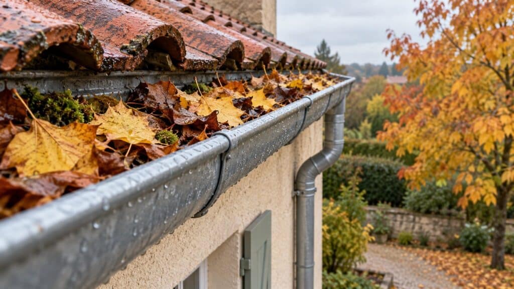 Gouttière en zinc d'une maison encombrée de feuilles mortes, descente d'eau le long d'un mur crépi, arbre aux feuilles jaunes en arrière-plan