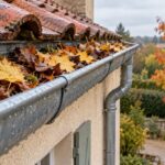 Gouttière en zinc d'une maison encombrée de feuilles mortes, descente d'eau le long d'un mur crépi, arbre aux feuilles jaunes en arrière-plan