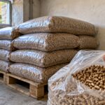 Une palette de sacs transparents remplis de granulés de bois dans un local au sol en béton, avec une fenêtre ouverte et une grille d’aération au mur ; au premier plan, une main ouvre un sac