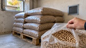 Une palette de sacs transparents remplis de granulés de bois dans un local au sol en béton, avec une fenêtre ouverte et une grille d’aération au mur ; au premier plan, une main ouvre un sac