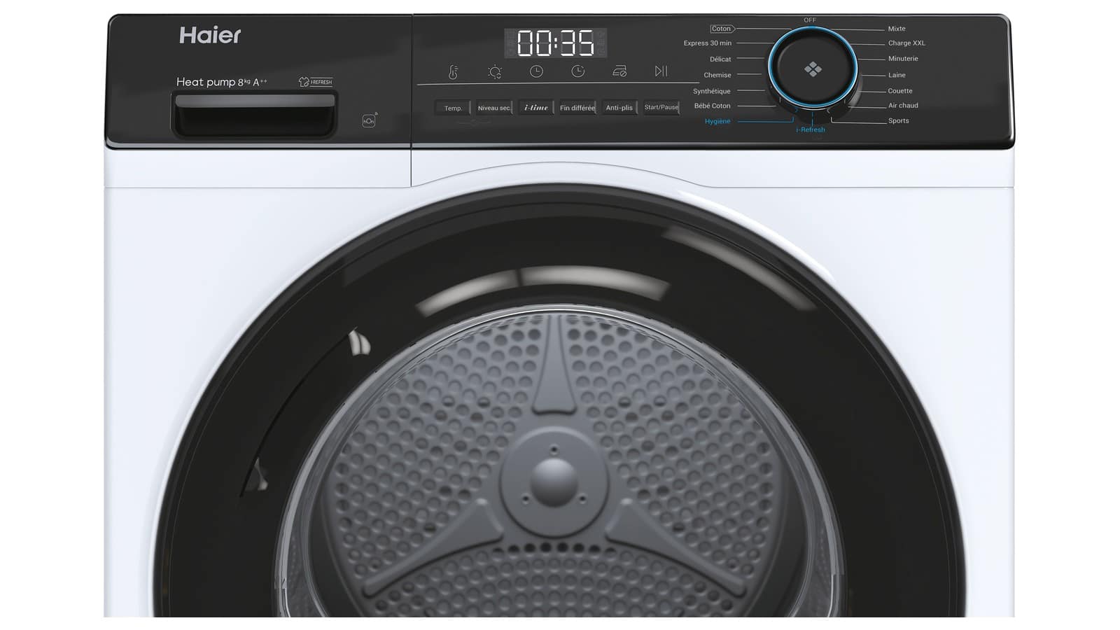 Bandeau de commandes du sèche-linge Haier HD80-A2939E-FR avec sélecteur, touches et afficheur