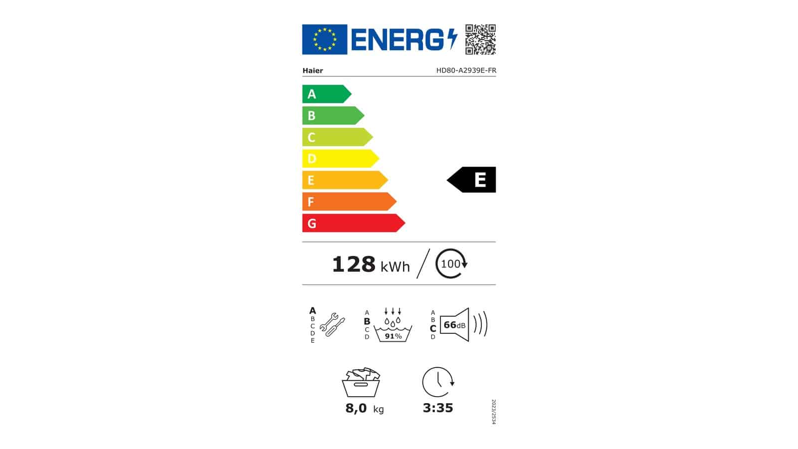Étiquette énergie du sèche-linge Haier HD80-A2939E-FR en classe E