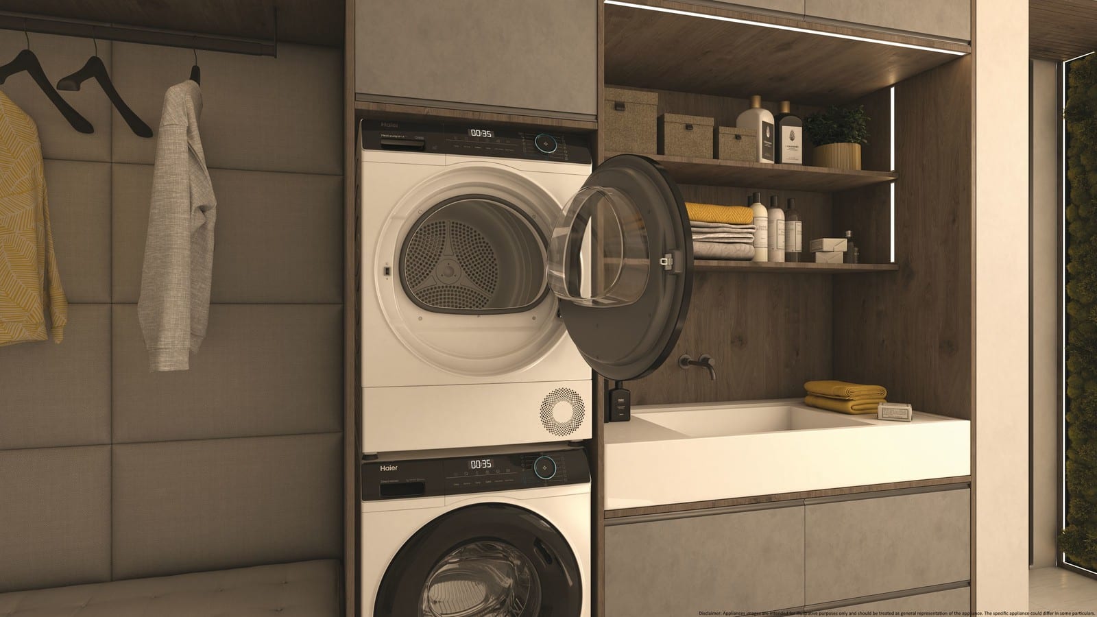 Sèche-linge Haier HD80-A2939E-FR hublot ouvert, posé sur un lave-linge dans une buanderie