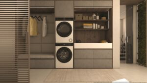 Sèche-linge Haier HD80-A2939E-FR posé sur un lave-linge dans une buanderie