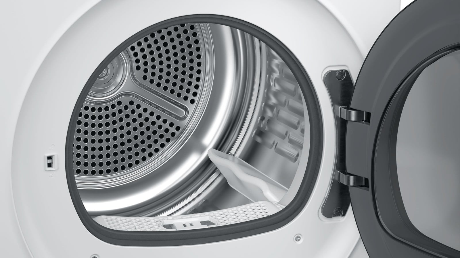 Tambour et filtres à peluches du sèche-linge Haier HD80-A2939E-FR, hublot ouvert