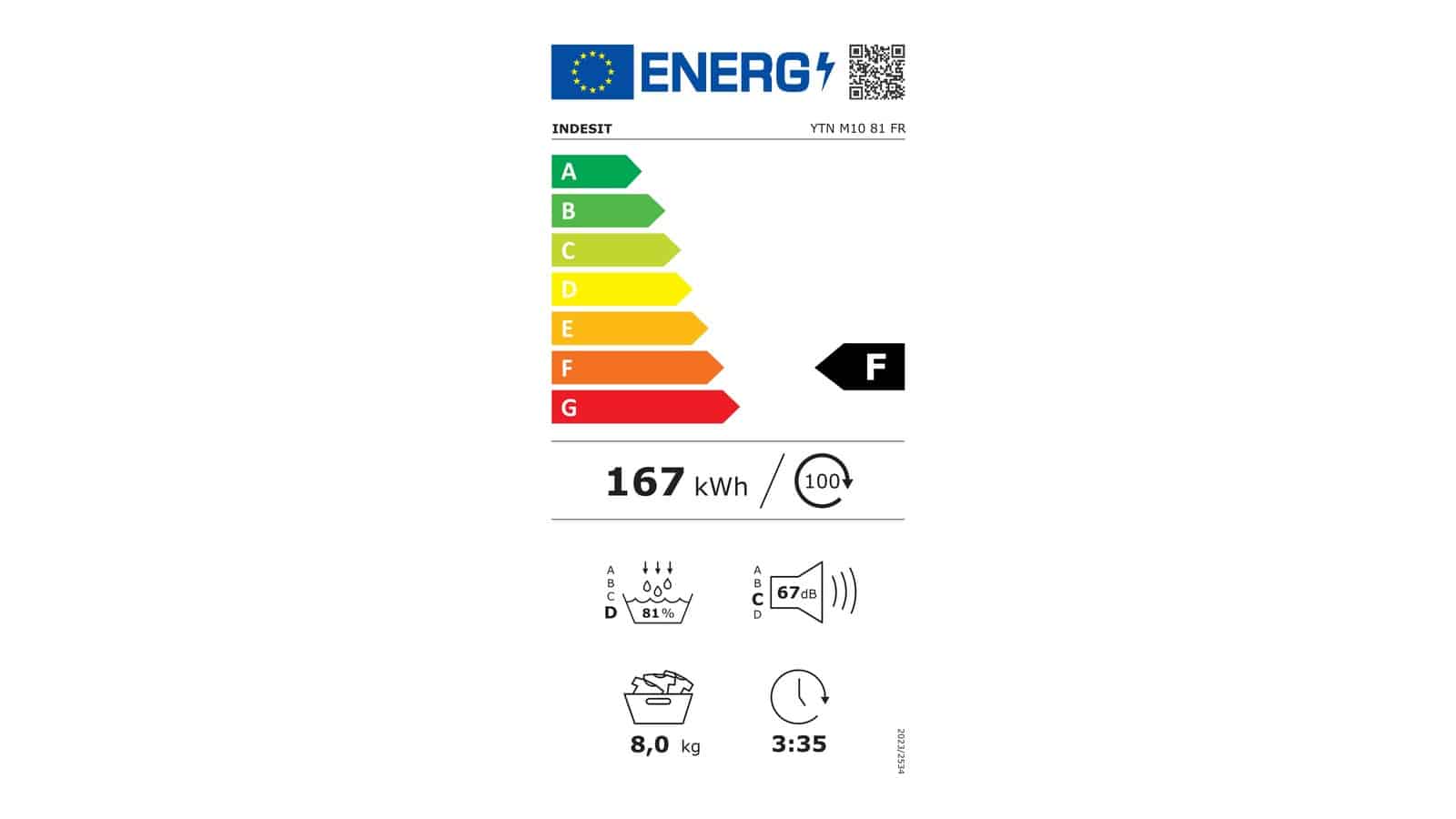 Étiquette énergie du sèche-linge Indesit YTN M10 81 FR en classe F