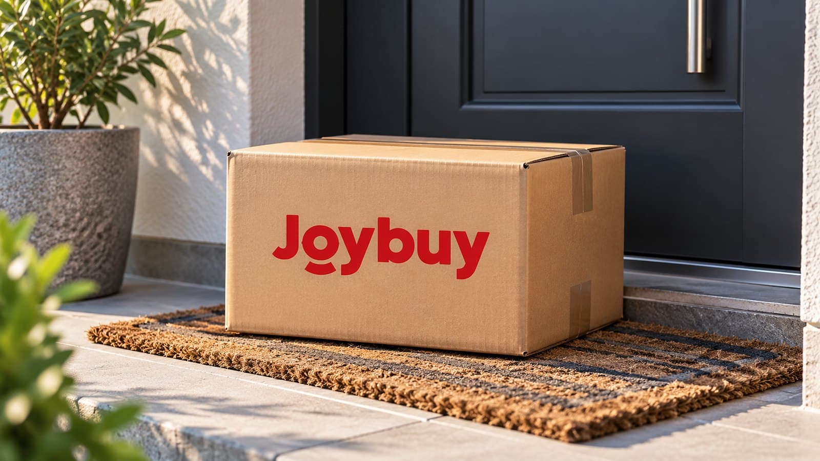 Carton de livraison Joybuy posé devant une porte d’entrée