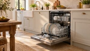 Lave-vaisselle encastré, porte ouverte, avec assiettes et verres propres dans une cuisine lumineuse