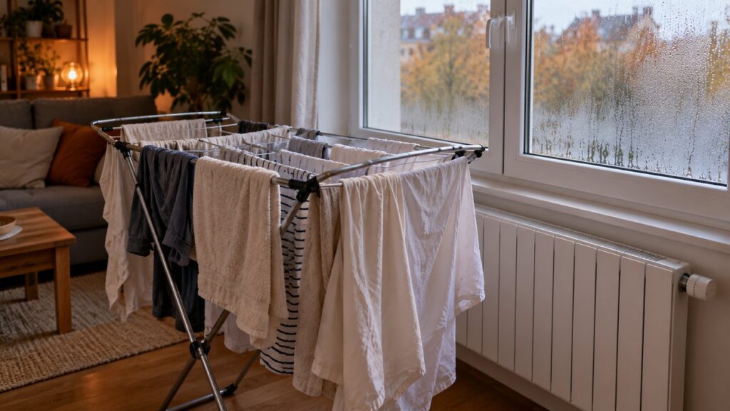 Un étendoir chargé de linge humide devant une fenêtre embuée, dans un salon chauffé