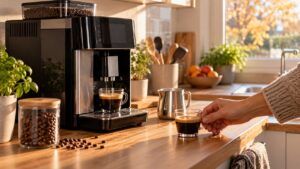 Une machine à café à grain sur un plan de travail, avec un expresso, des grains de café et un pot à lait