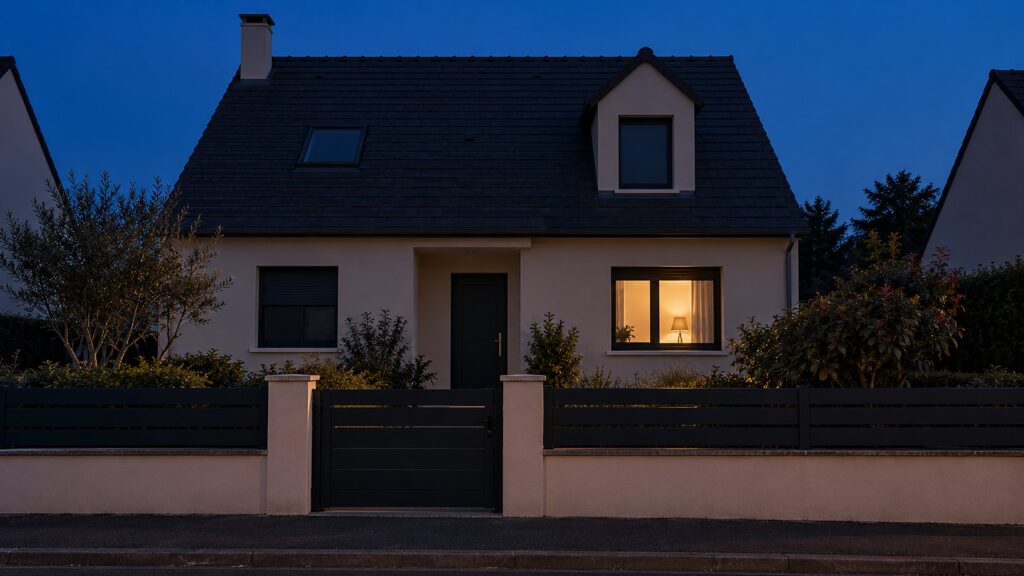 Façade d’une maison de lotissement à la tombée de la nuit, une seule fenêtre éclairée au rez-de-chaussée, les autres fenêtres sombres