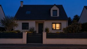 Façade d’une maison de lotissement à la tombée de la nuit, une seule fenêtre éclairée au rez-de-chaussée, les autres fenêtres sombres