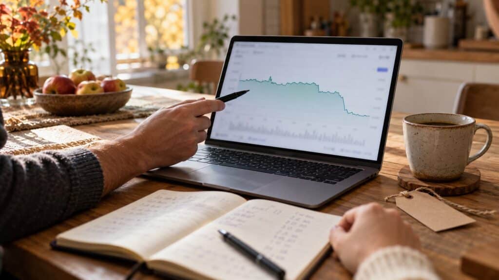 Une personne montre avec un stylo une courbe d’historique de prix sur un ordinateur portable, à côté d’un carnet de relevés et d’une étiquette de prix
