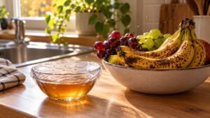 Un bol de vinaigre de cidre couvert d’un film plastique percé, posé sur un plan de travail près d’une coupe de bananes mûres, avec une plante en pot sur le rebord de fenêtre