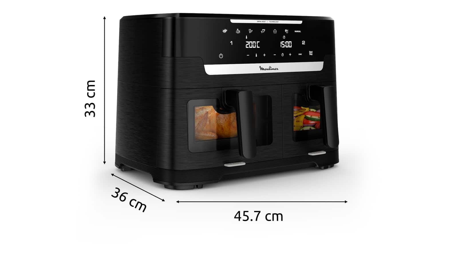 Dimensions de l’airfryer Moulinex Ever Fry XXL Dual : 45,7 cm de large, 33 cm de haut, 36 cm de profondeur
