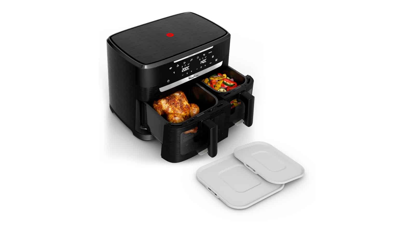 Airfryer double Moulinex Ever Fry XXL Dual EZ9488F0, tiroirs ouverts, avec ses deux couvercles de conservation