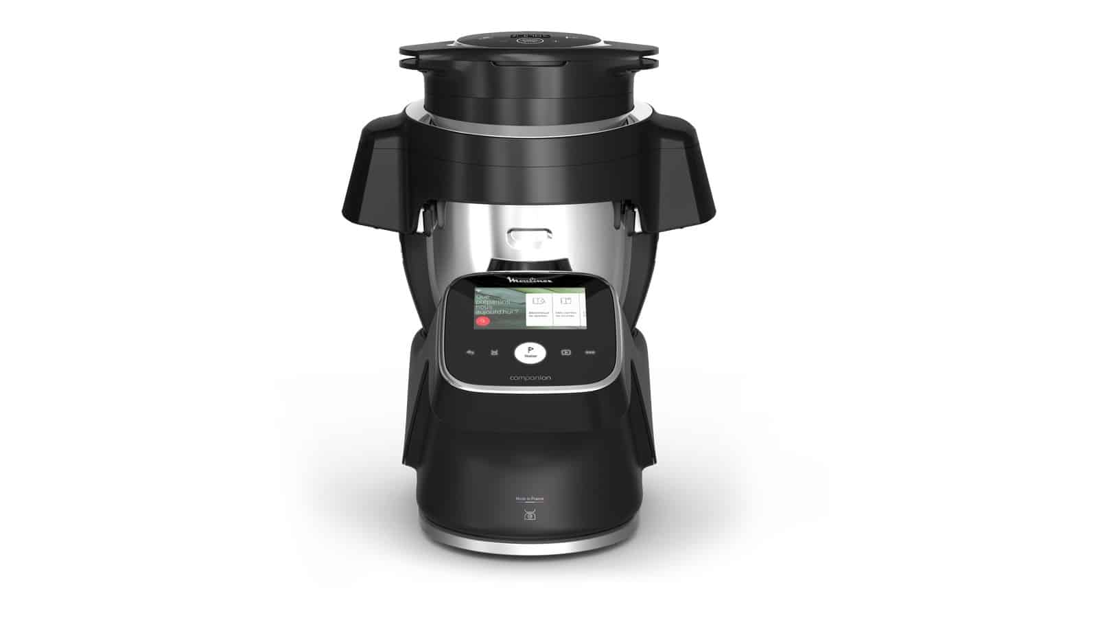 Robot cuiseur Moulinex i-Companion Touch Pro noir vu de face, extension air fryer posée sur le bol