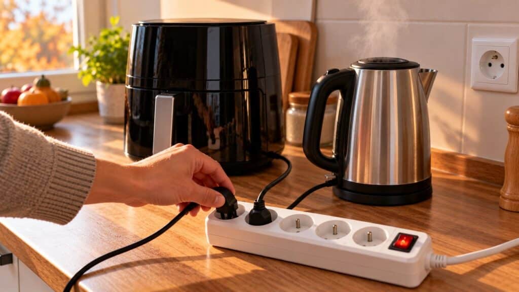 Une main débranche une fiche d’une multiprise sur laquelle sont branchés un airfryer et une bouilloire électrique, sur un plan de travail de cuisine