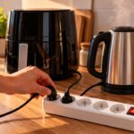 Une main débranche une fiche d’une multiprise sur laquelle sont branchés un airfryer et une bouilloire électrique, sur un plan de travail de cuisine