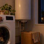Une main règle le programme d’un lave-linge le soir, à côté d’un ballon d’eau chaude électrique