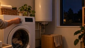 Une main règle le programme d’un lave-linge le soir, à côté d’un ballon d’eau chaude électrique