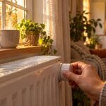 Une main règle le thermostat d’un radiateur électrique blanc sous une fenêtre de salon, en fin d’après-midi d’automne