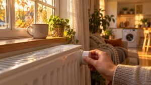 Une main règle le thermostat d’un radiateur électrique blanc sous une fenêtre de salon, en fin d’après-midi d’automne