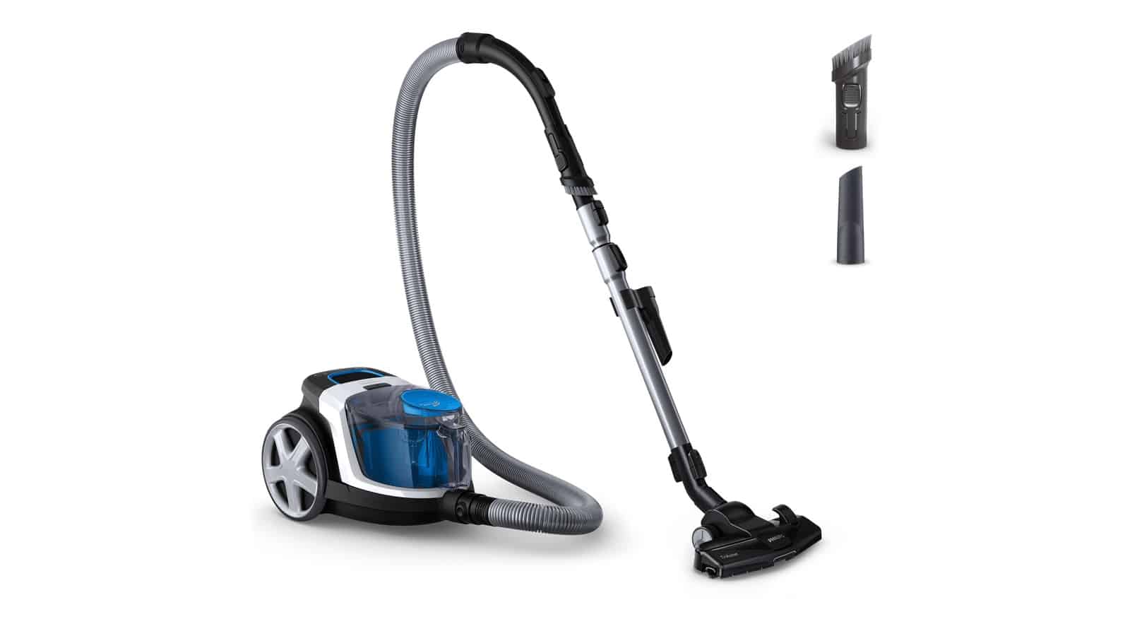 Aspirateur traîneau Philips PowerPro Compact FC9332/09 blanc avec son tube, sa brosse et ses accessoires