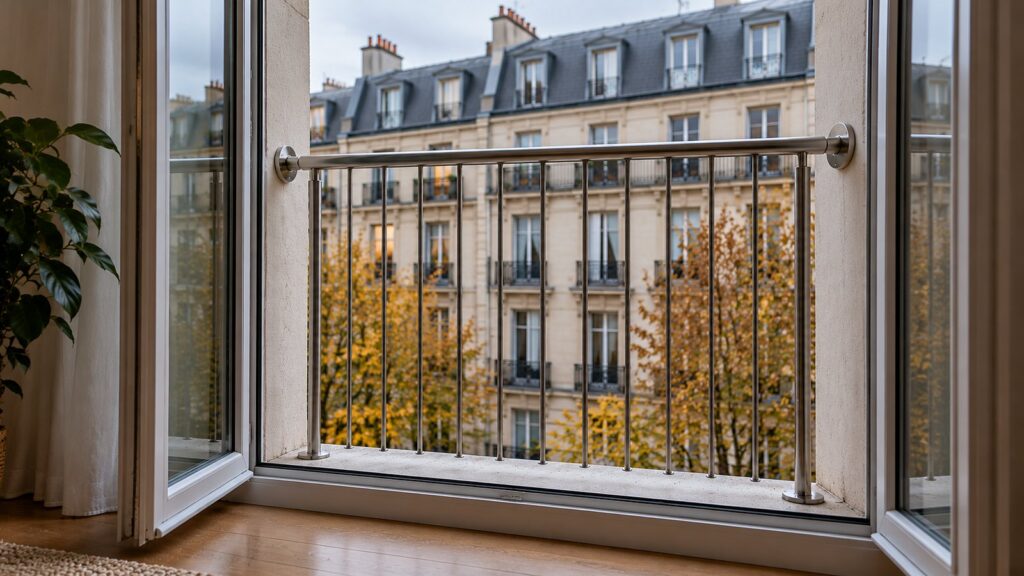 Porte-fenêtre ouverte sur un balcon français avec une balustrade en inox, sur la façade d’un immeuble français, dans la lumière d’un après-midi d’automne