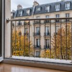 Porte-fenêtre ouverte sur un balcon français avec une balustrade en inox, sur la façade d’un immeuble français, dans la lumière d’un après-midi d’automne