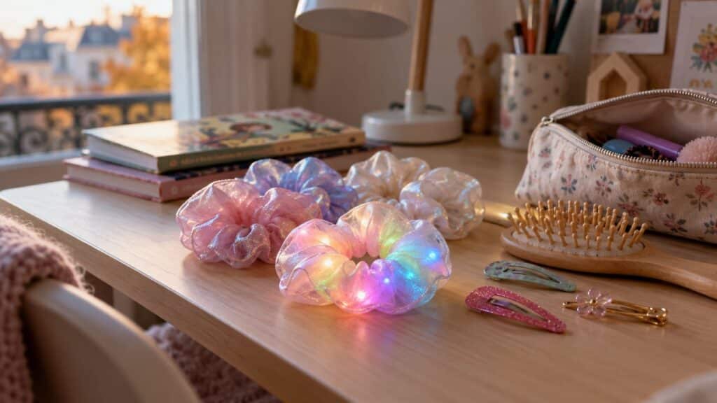 Des chouchous en tissu irisé, une brosse et des barrettes posés sur le bureau d’une chambre d’enfant, éclairés par la lumière d’une fenêtre en automne