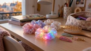 Des chouchous en tissu irisé, une brosse et des barrettes posés sur le bureau d’une chambre d’enfant, éclairés par la lumière d’une fenêtre en automne