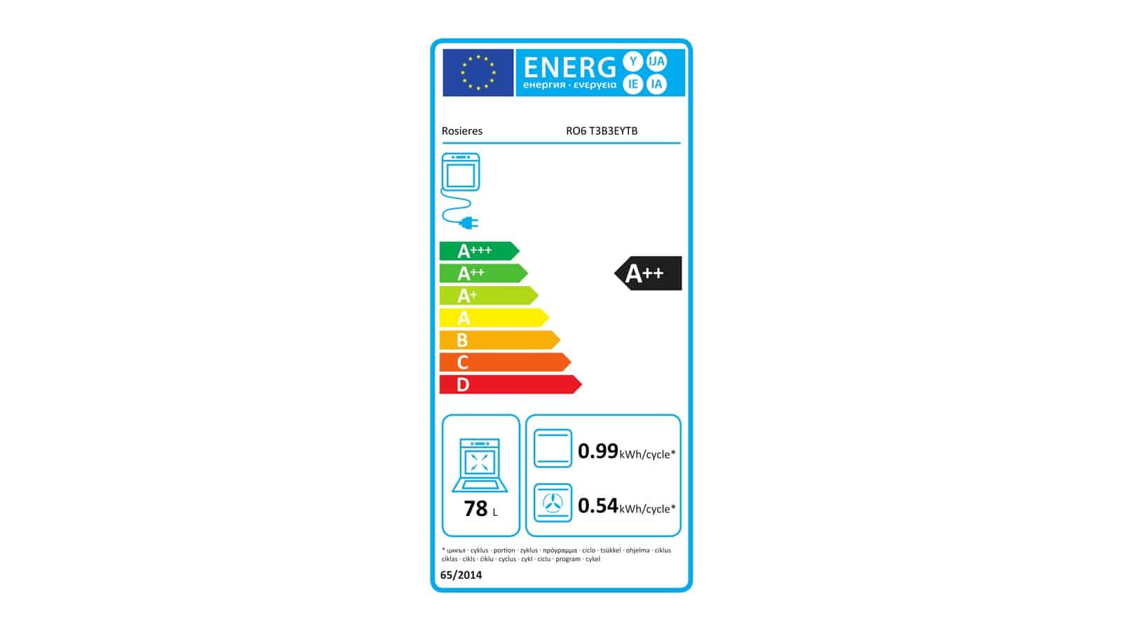 Étiquette énergie du four Rosières RO6 T3B3EYTB en classe A++