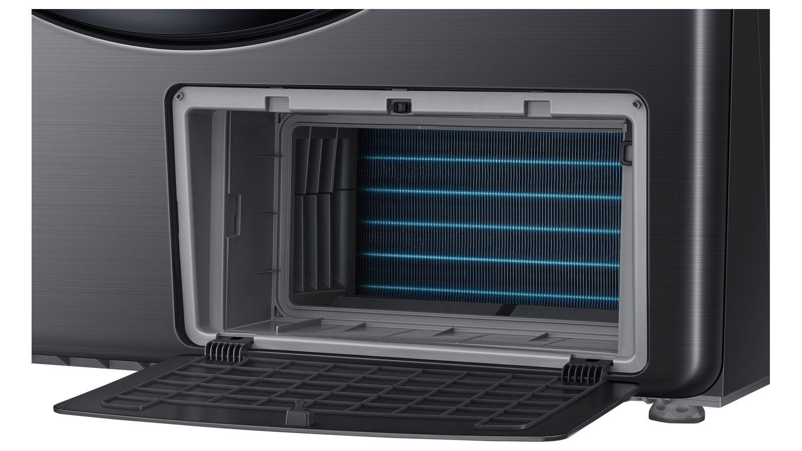 Échangeur de chaleur du sèche-linge Samsung DV16DG8600 derrière le cache ouvert
