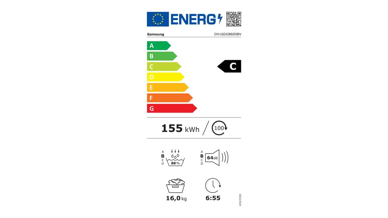 Étiquette énergie du sèche-linge Samsung DV16DG8600 en classe C